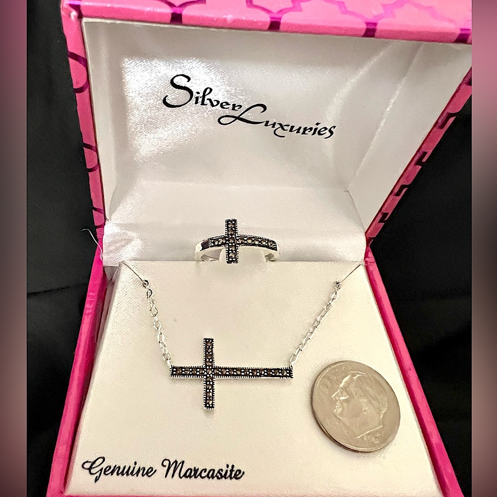 Necklace w/ matching Ring Sz 7 set - Silver chain/genuine Marcasite cross  NIB